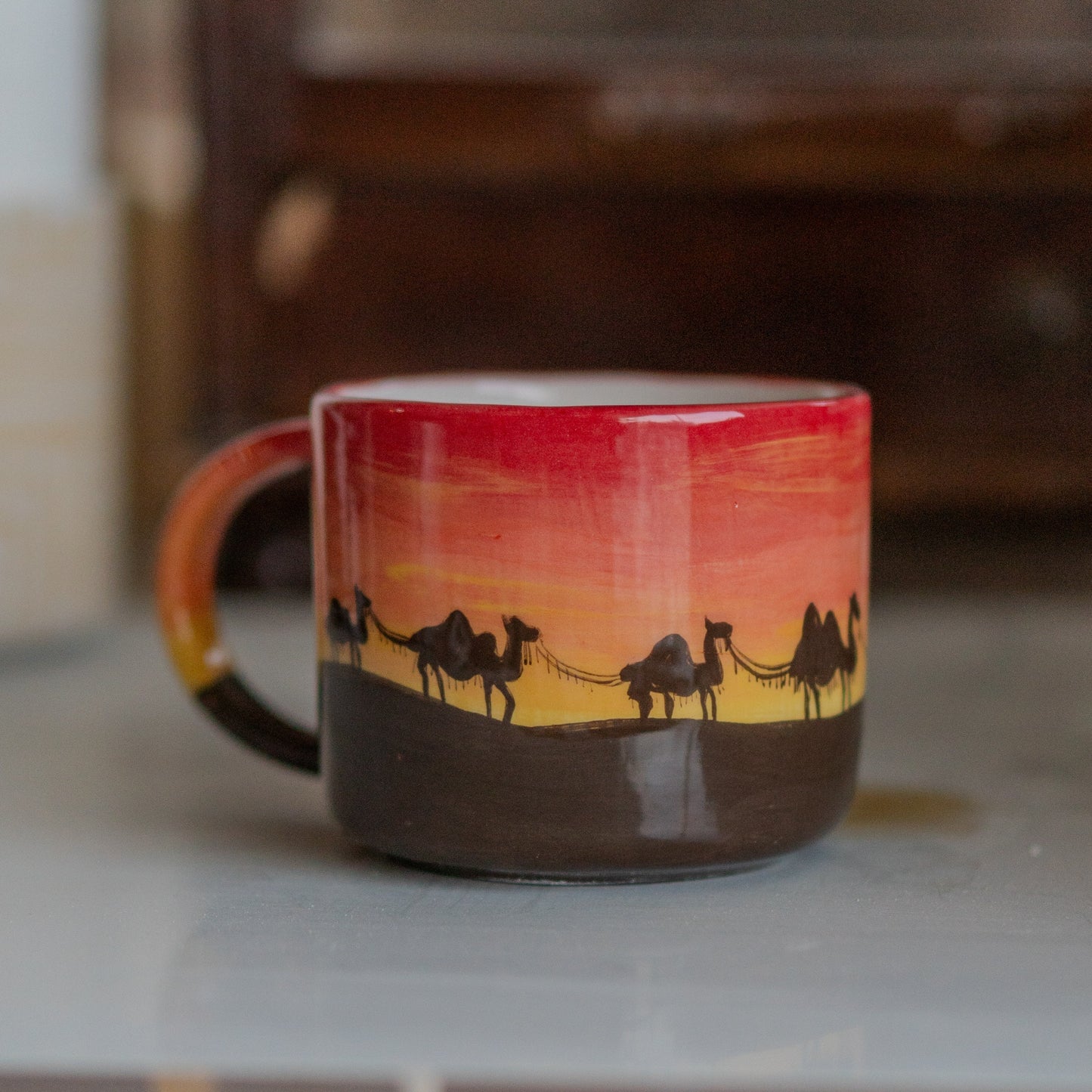 Desert Sunset Ceramic Mug - Camels, Handmade Coffee Mug, Pottery Mug