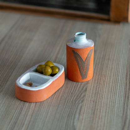 Olive Oil Bottle and Olive Dish, Handmade Gift for Home, Olive Oil Cruet, Ceramic Olive Oil Dispenser, Vinegar Cruet