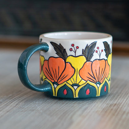 Pottery Mug - Floral Mug, 12oz Ceramic Coffee Mug, Handmade Pottery, Artistic Flower Design