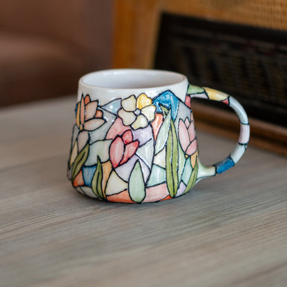 Lotus Flower Coffee Mug, Stained Glass Style, Handmade Ceramic Mug, Flower Decor Floral Mug