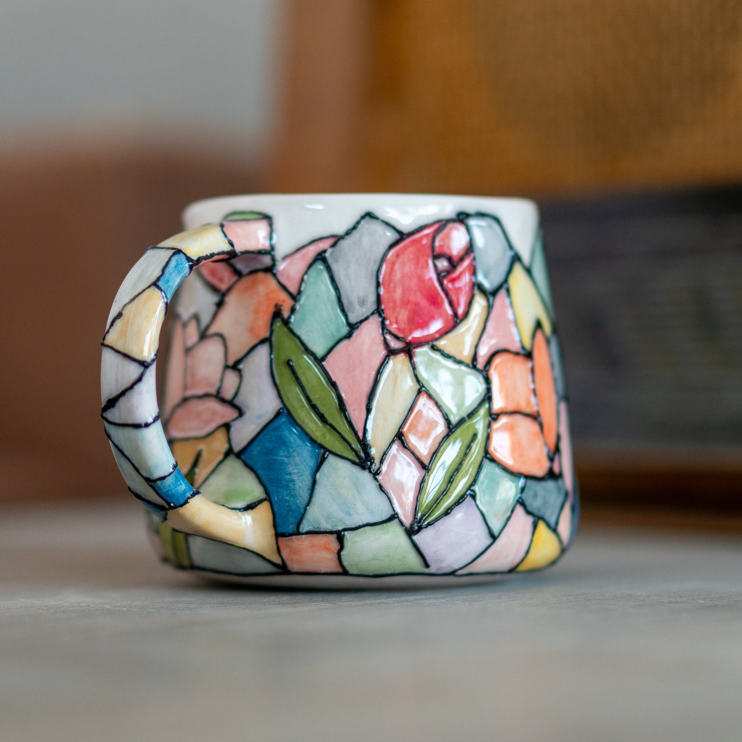 Lotus Flower Coffee Mug, Stained Glass Style, Handmade Ceramic Mug, Flower Decor Floral Mug