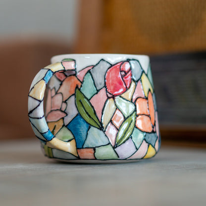 Lotus Flower Coffee Mug, Stained Glass Style, Handmade Ceramic Mug, Flower Decor Floral Mug