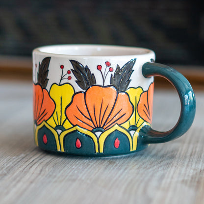 Pottery Mug - Floral Mug, 12oz Ceramic Coffee Mug, Handmade Pottery, Artistic Flower Design