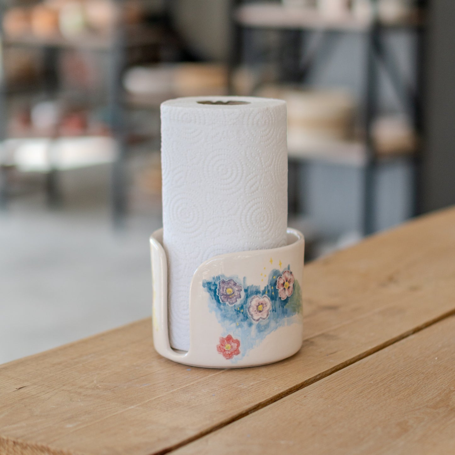 Ceramic Paper Towel Holder - Floral Kitchen Decor, Handmade Paper Roll Holder, Toilet Paper Holder