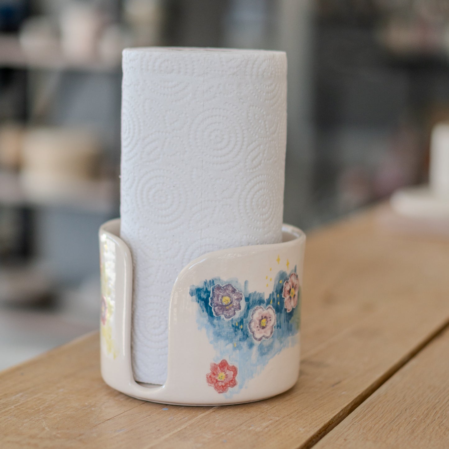 Ceramic Paper Towel Holder - Floral Kitchen Decor, Handmade Paper Roll Holder, Toilet Paper Holder