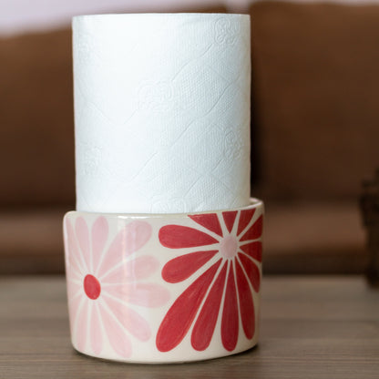 Pink Daisy Paper Towel Holder - Floral Kitchen Decor, Ceramic Towel Holder Countertop