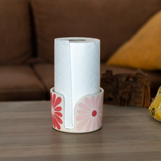 Pink Daisy Paper Towel Holder - Floral Kitchen Decor, Ceramic Towel Holder Countertop