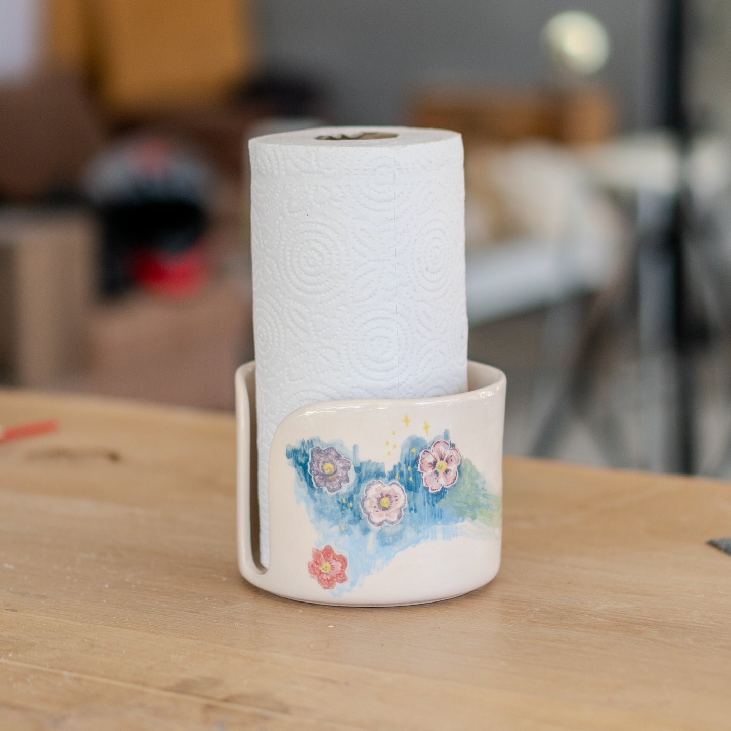 Ceramic Paper Towel Holder - Floral Kitchen Decor, Handmade Paper Roll Holder, Toilet Paper Holder