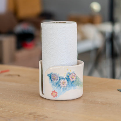 Ceramic Paper Towel Holder - Floral Kitchen Decor, Handmade Paper Roll Holder, Toilet Paper Holder