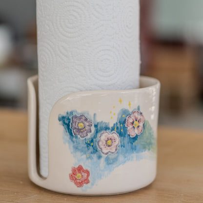 Ceramic Paper Towel Holder - Floral Kitchen Decor, Handmade Paper Roll Holder, Toilet Paper Holder