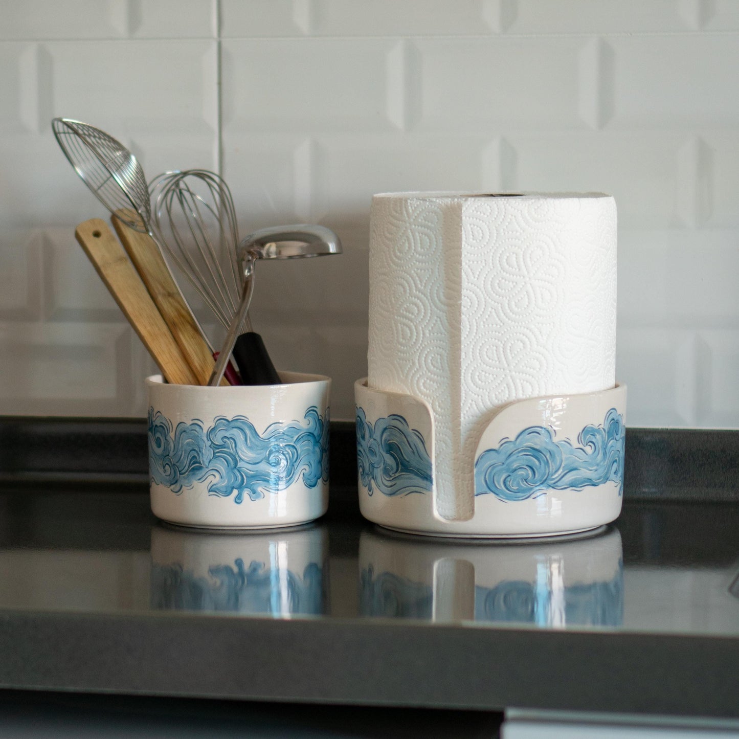 Ceramic Paper Towel Holder - Coastal Kitchen Decor, Paper Roll Holder, Utensil Holder Countertop