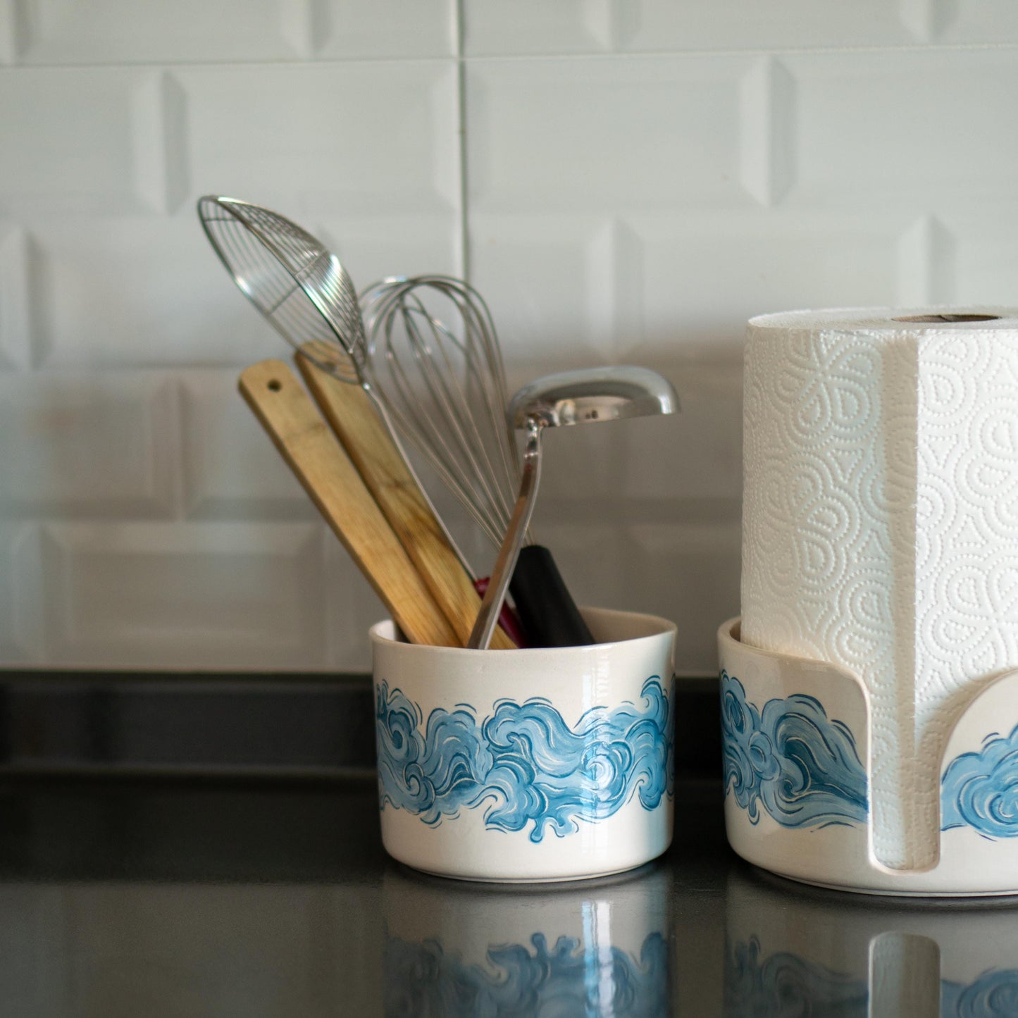 Ceramic Paper Towel Holder - Coastal Kitchen Decor, Paper Roll Holder, Utensil Holder Countertop