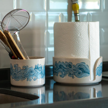 Ceramic Paper Towel Holder - Coastal Kitchen Decor, Paper Roll Holder, Utensil Holder Countertop