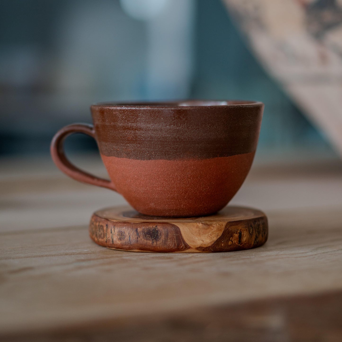 Espresso Cup - Pottery Mug with Wooden Coaster, Ceramic Coffee Cup, Tea Cup with Saucer