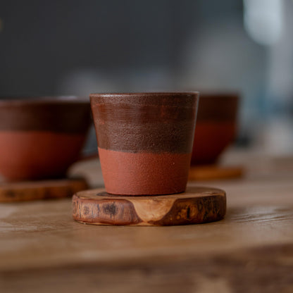 Espresso Cup - Pottery Mug with Wooden Coaster, Ceramic Coffee Cup, Tea Cup with Saucer