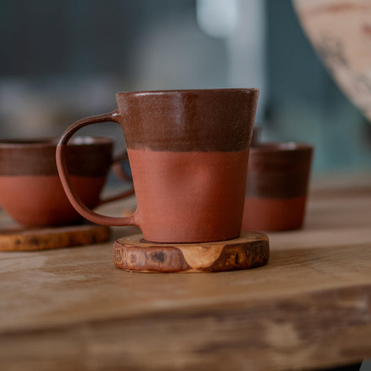 Handmade Pottery Mug - Fall Mug, Espresso Cup Coffee Mug and Latte Mug, Wooden Coaster