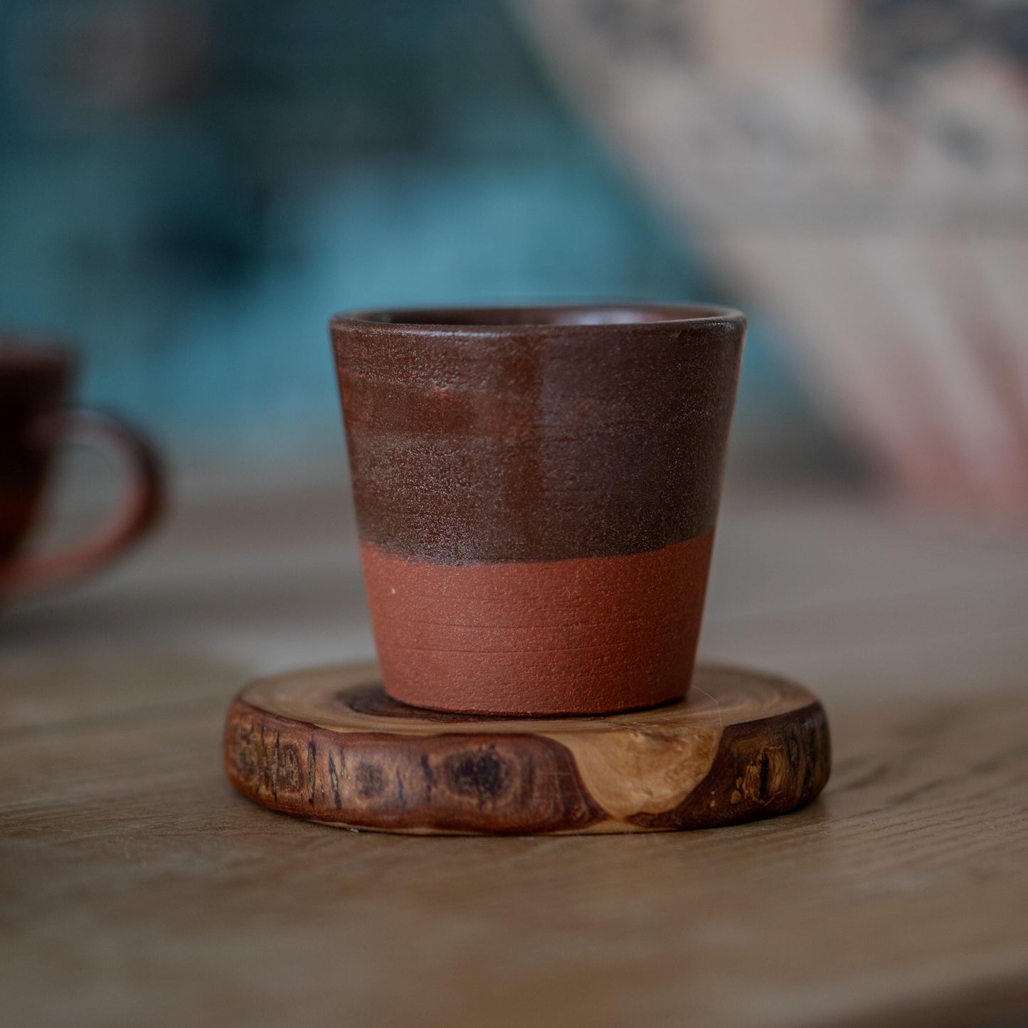 Espresso Cup - Pottery Mug with Wooden Coaster, Ceramic Coffee Cup, Tea Cup with Saucer