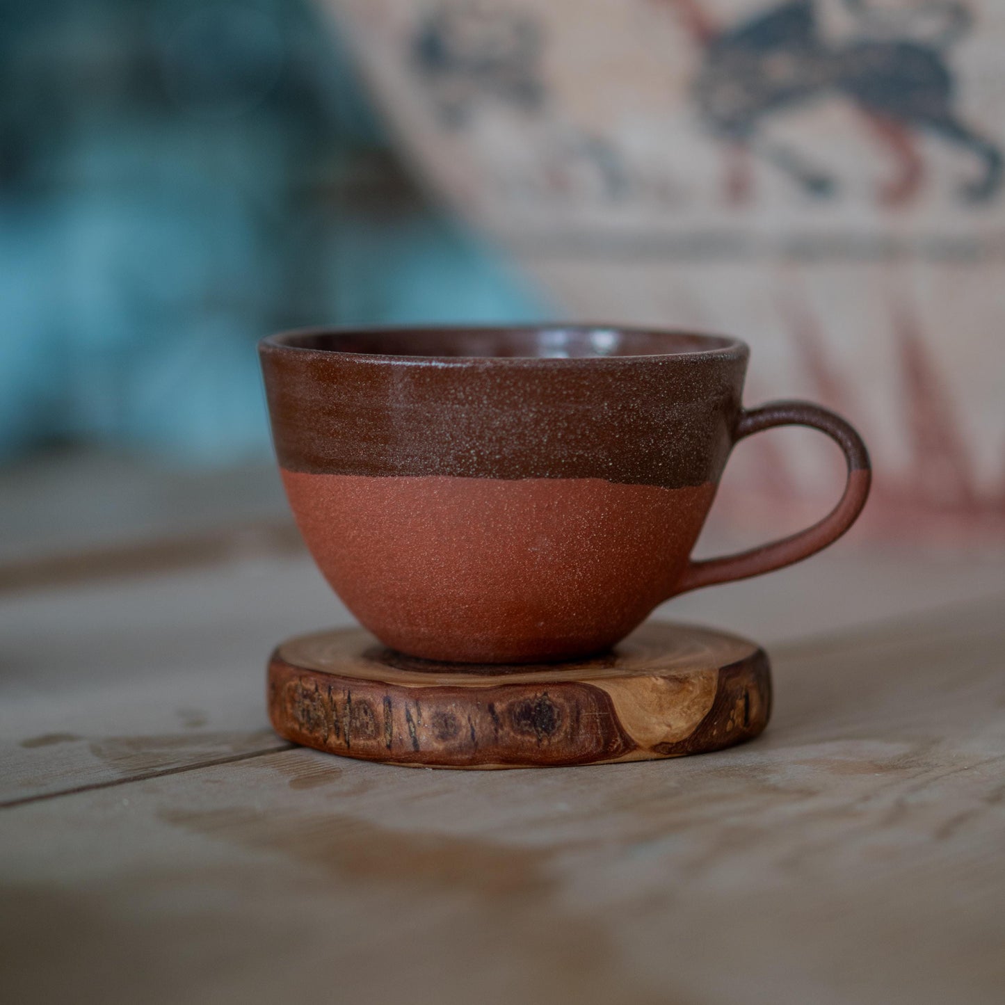 Espresso Cup - Pottery Mug with Wooden Coaster, Ceramic Coffee Cup, Tea Cup with Saucer